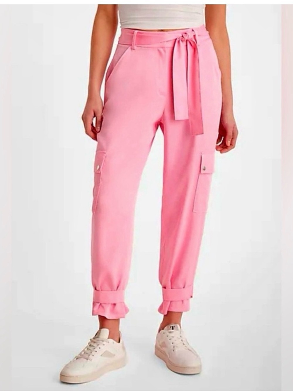 Express Pink Satin Cargo Jogger Pants with Tie Waist